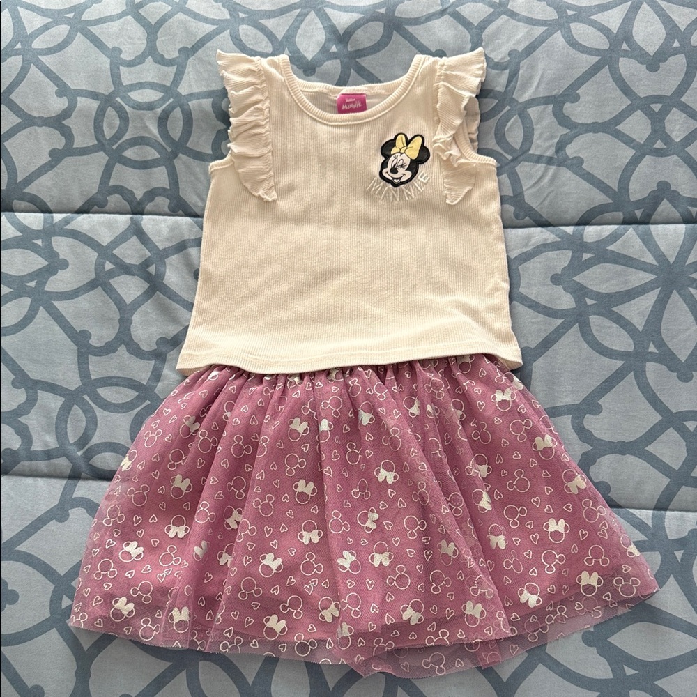 Disney Cream Ruffle Top with Pink Minnie Tulle Skirt